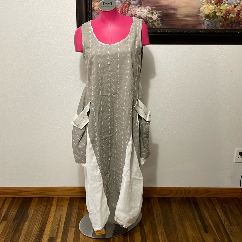 Donna Donna Vinci House Dress Eyelet Lace Linen Embroidered Sleeveless Pockets M